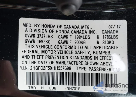 2017 Honda Civic Lx z USA, uszkodzony, nr VIN 2HGFC2F5XHH557698